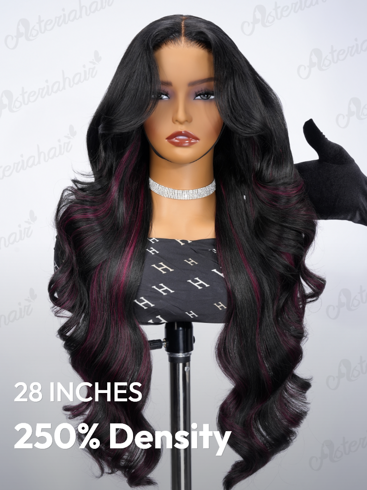 Elegant Red Highlighted Wavy 5*5HD Closure Wig 250% Density – Glamorous Long Curls