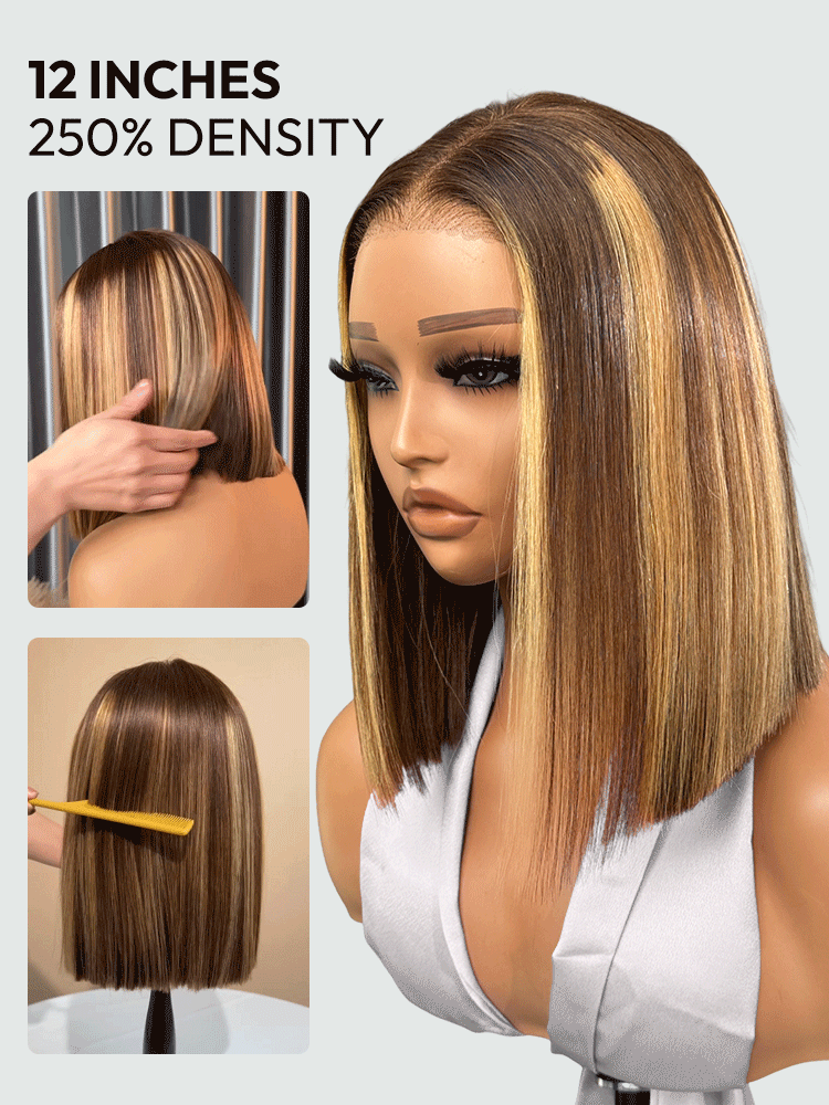 Highlight Bob Wig – Brown Blonde Short Straight Wig Glueless 4x7 Closure Wigs