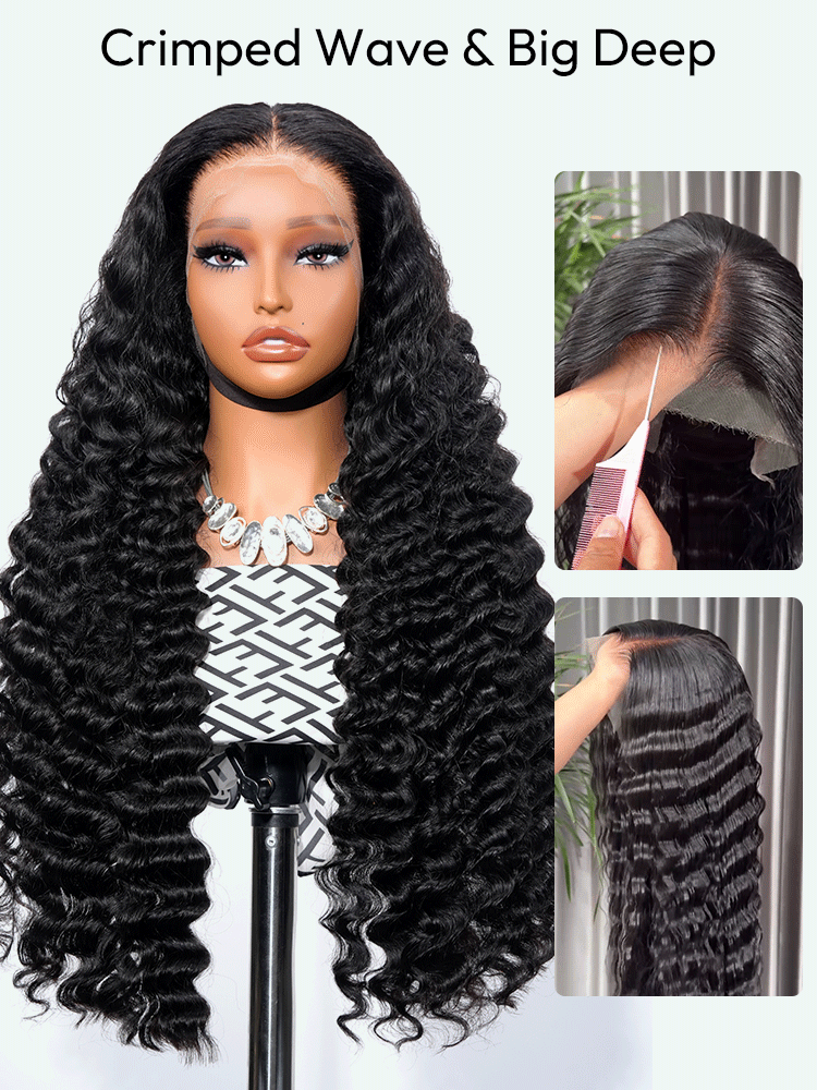 Crimped Wave Long Hair Wig for Women 24-34 Inches, 5x5 HD Lace Closure & 13x6 HD Lace Frontal Options, Customizable Density