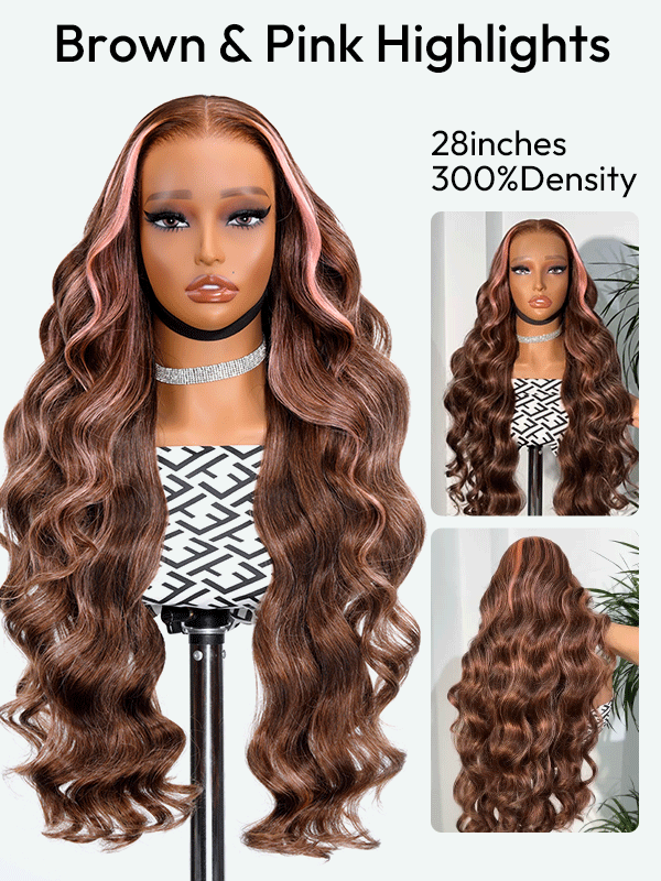Brown and Pink Highlight Body Wave Wig – 13x4 Transparent Glueless Lace Front, Ready to Wear Human Hair Wig