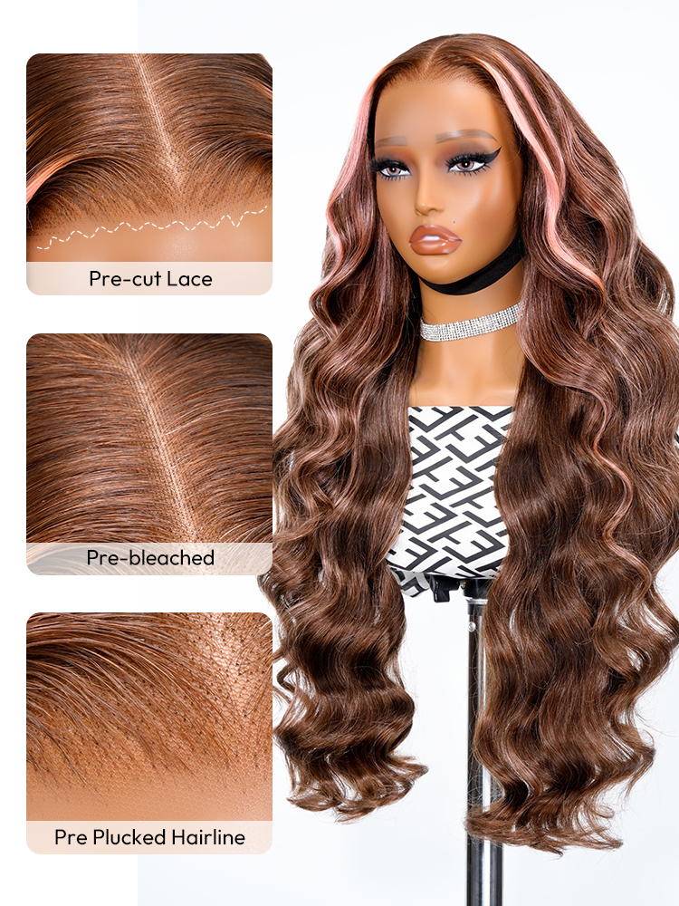 Brown and Pink Highlight Body Wave Wig – 13x4 Transparent Glueless Lace Front, Ready to Wear Human Hair Wig