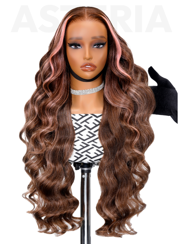 Brown and Pink Highlight Body Wave Wig – 13x4 Transparent Glueless Lace Front, Ready to Wear Human Hair Wig