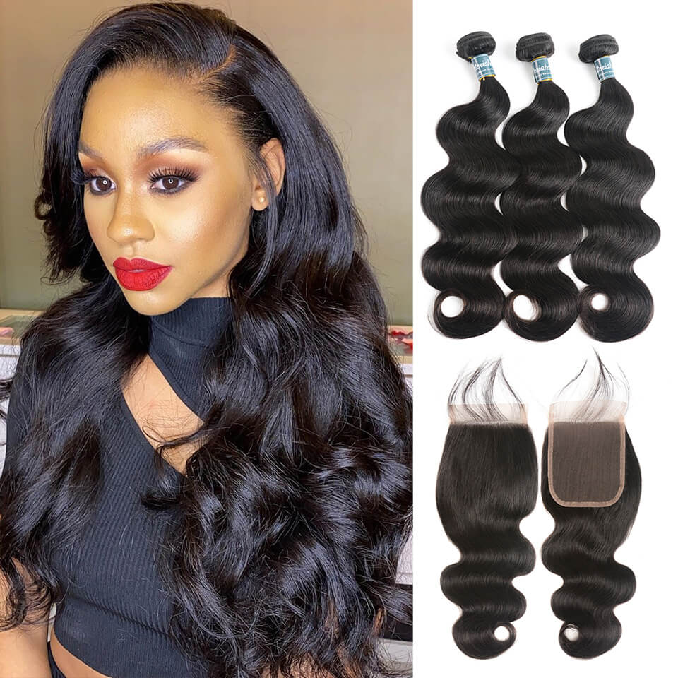 Virgin Hair Body Wave 4*4 Lace Closure And Virgin Brazilian Hair Weave 3 Bundles