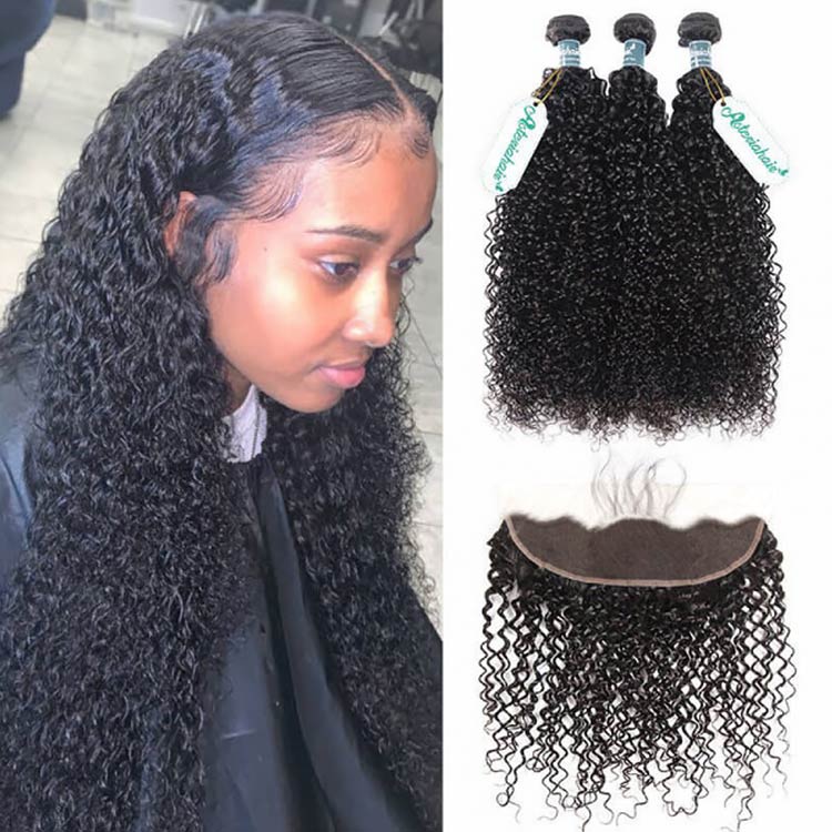3 Bundles Brazilian Virgin Hair Curly Afro Weave With Transparent Lace Frontal