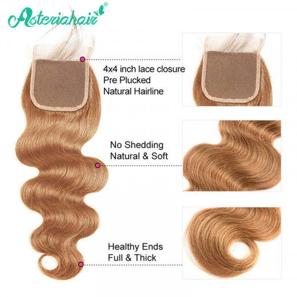 #27 Color Honey Blonde Body Wave Weave 3 Bundles With 4*4 Closure Free ...