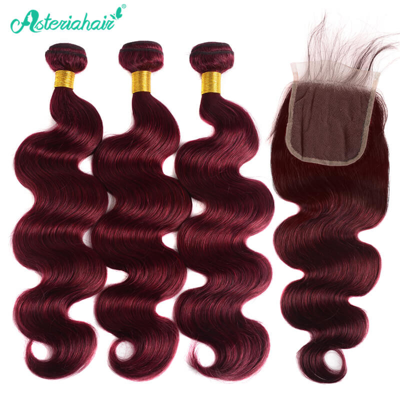 3 Bundles Body Wave Weaves With Closure 99j Burgundy Hair Color