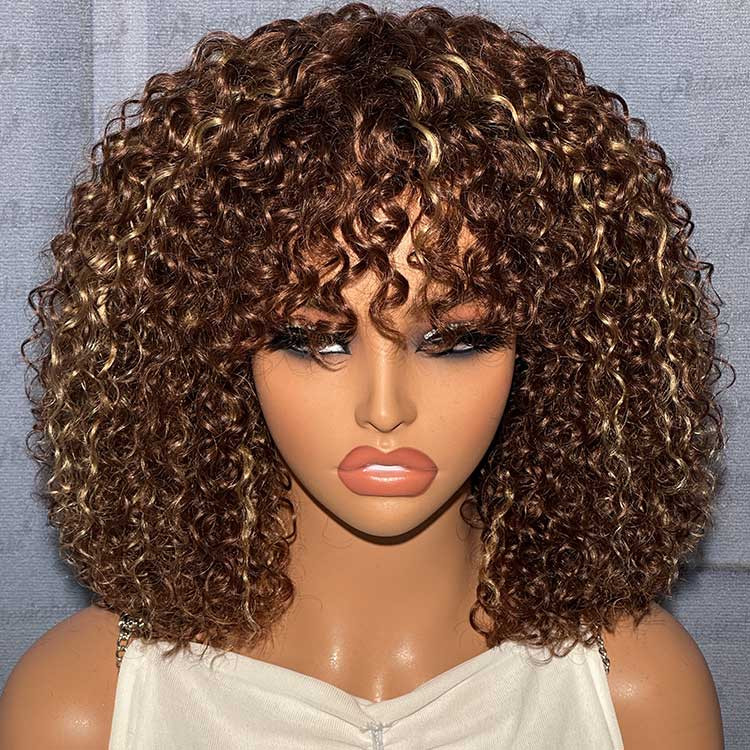 14inch Glueless Brown Highlights Curly Human Hair Wigs With Bangs
