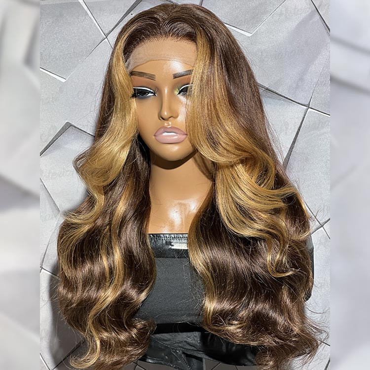 Brown Wigs with Honey Blonde Highlights Preplucked Human Hair Wigs