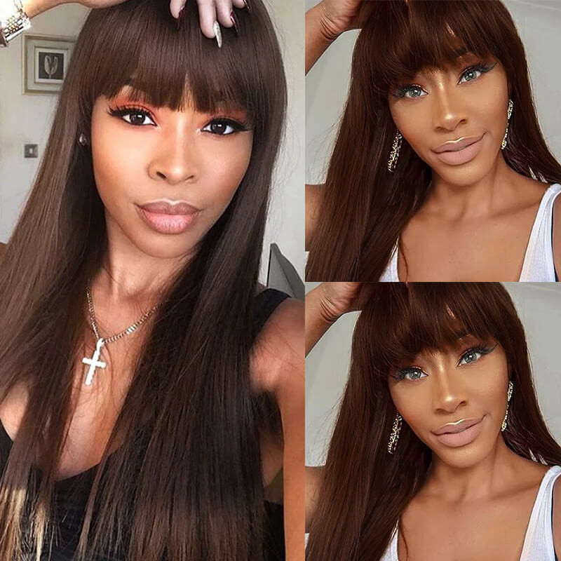 Brown Colored Straight Human Hair Wigs With Bang -Asteriahair