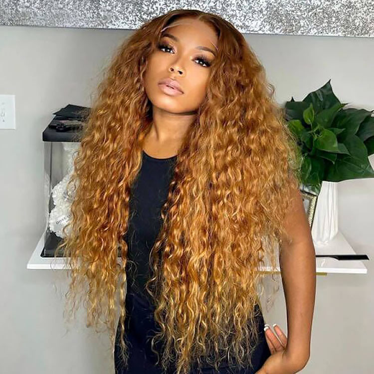 Honey Blonde Human Hair Wig With Brown Roots Curly Closure Wig Glueless ...