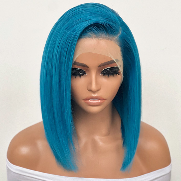 Blue Wigs Human Hair Straight Bob Wig Transparent Lace Front Wig