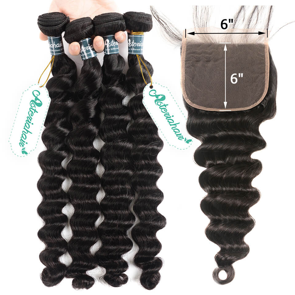 Loose Deep Wave Human Hair Weaves 4 Pieces With 6x6 Closure