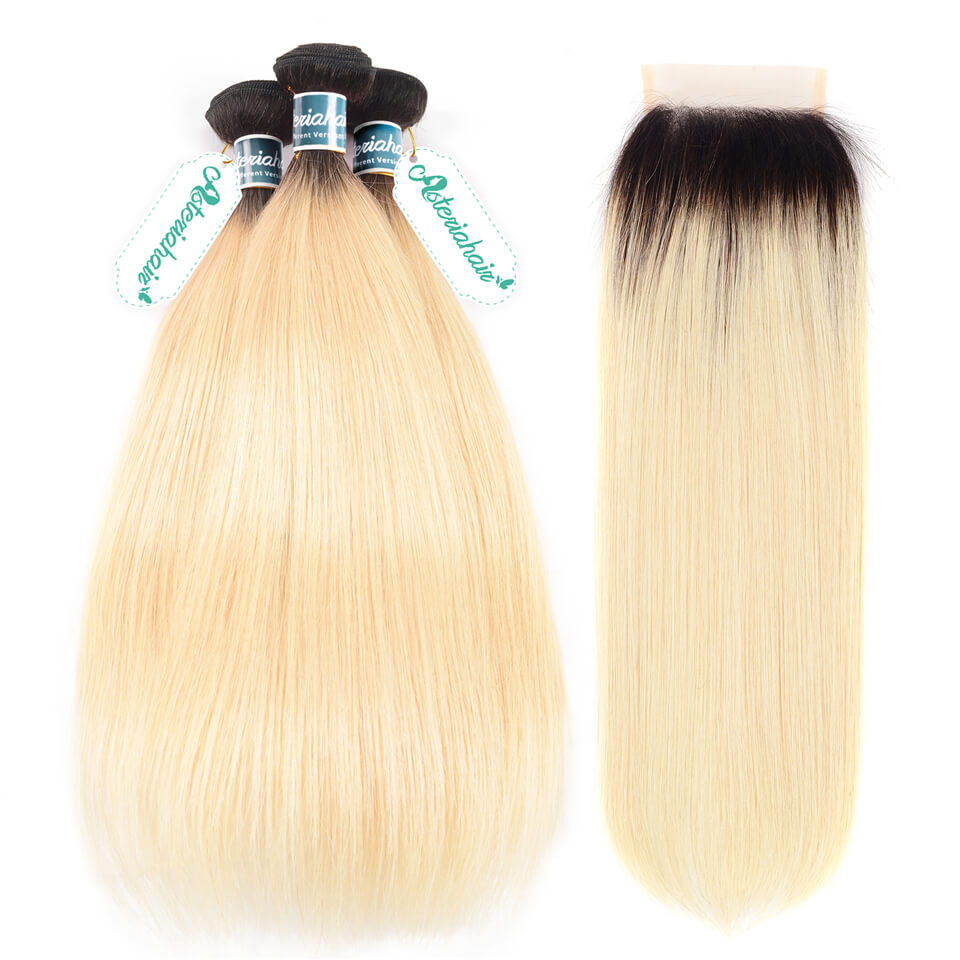 Ombre Color Brazilian Straight 1b 613 Hair Bundles With Closure