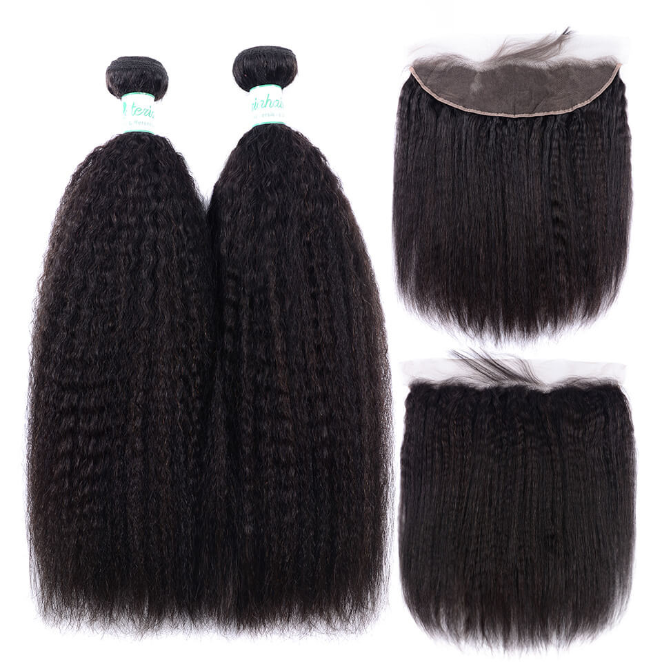 Yaki Hair Kinky Straight Weaves 2 Bundles With Lace Frontal