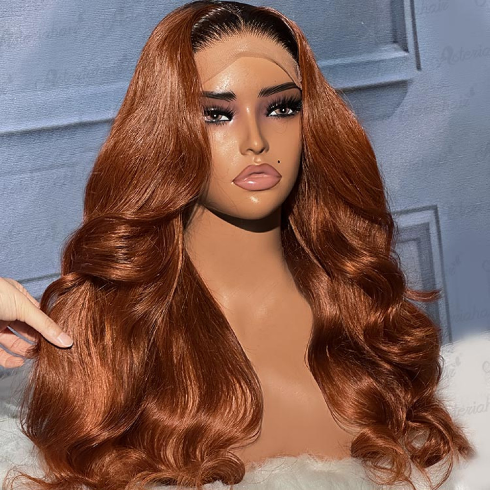 Pre-Colored Brown Wig With Black Roots Wavy Glueless 5x5 Lace Wigs