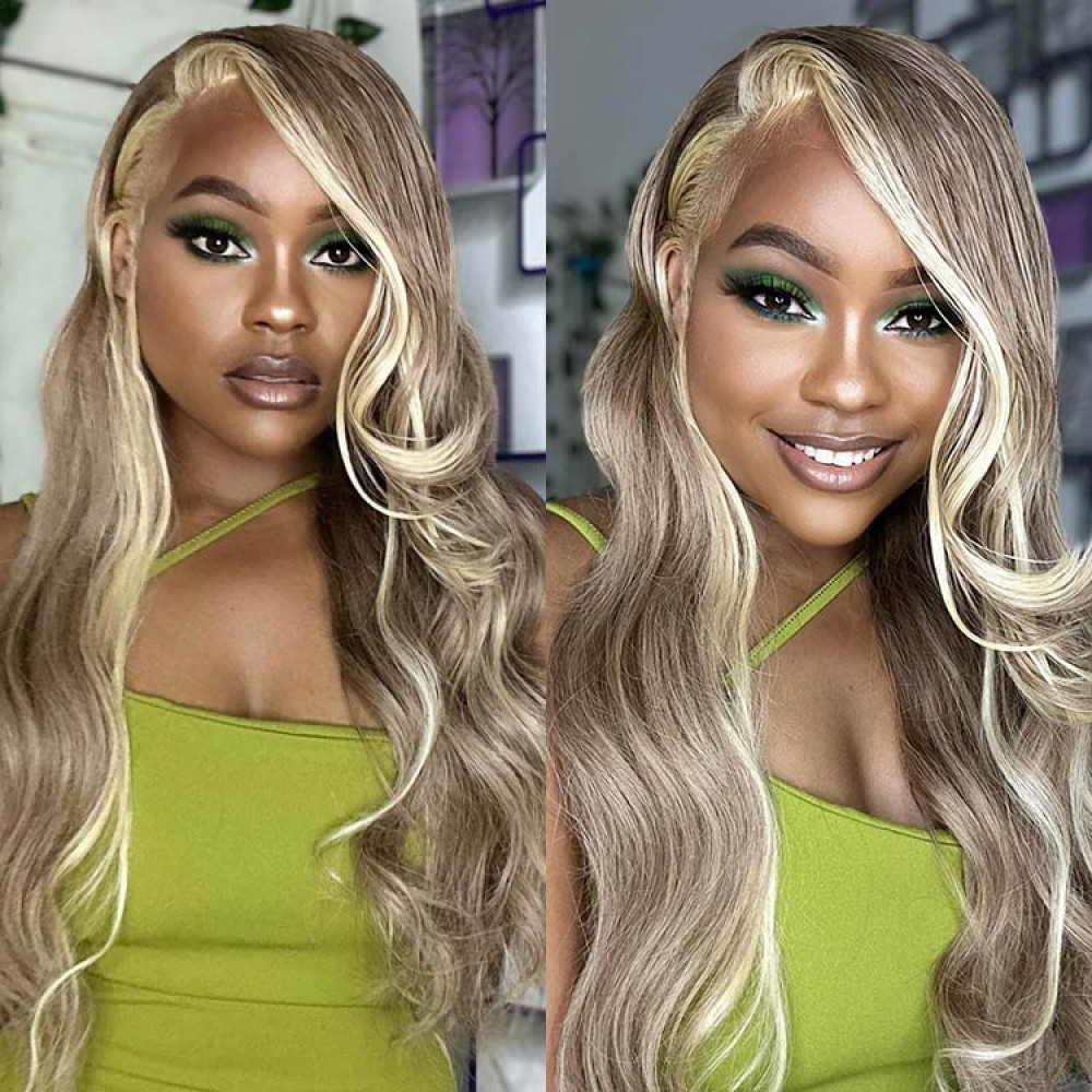 Highlight Body Wave Frontal Wig With Skunk Stripe In Front