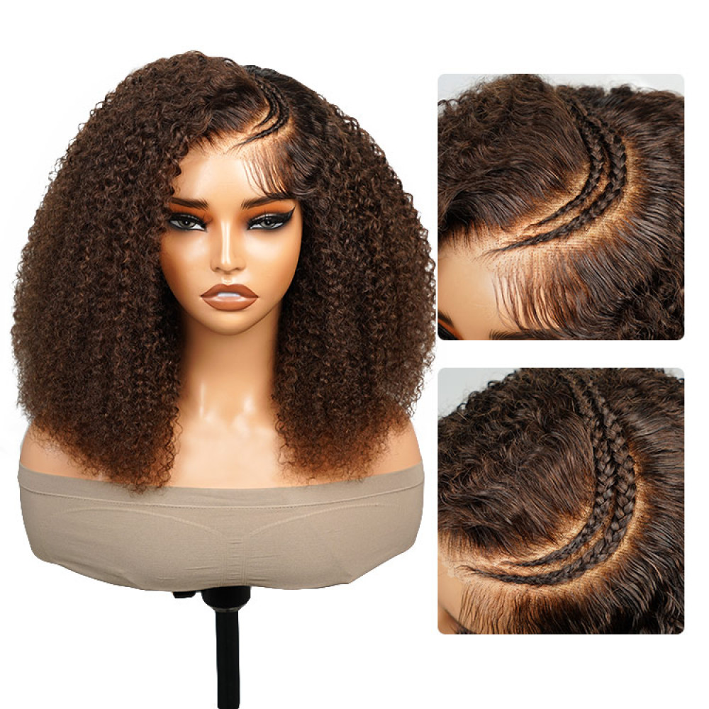 Ready To Go Wigs - Brown Braided Wigs Pre-Cut Lace Curly Human Hair 5*5 HD Invisible Glueless Lace Wig