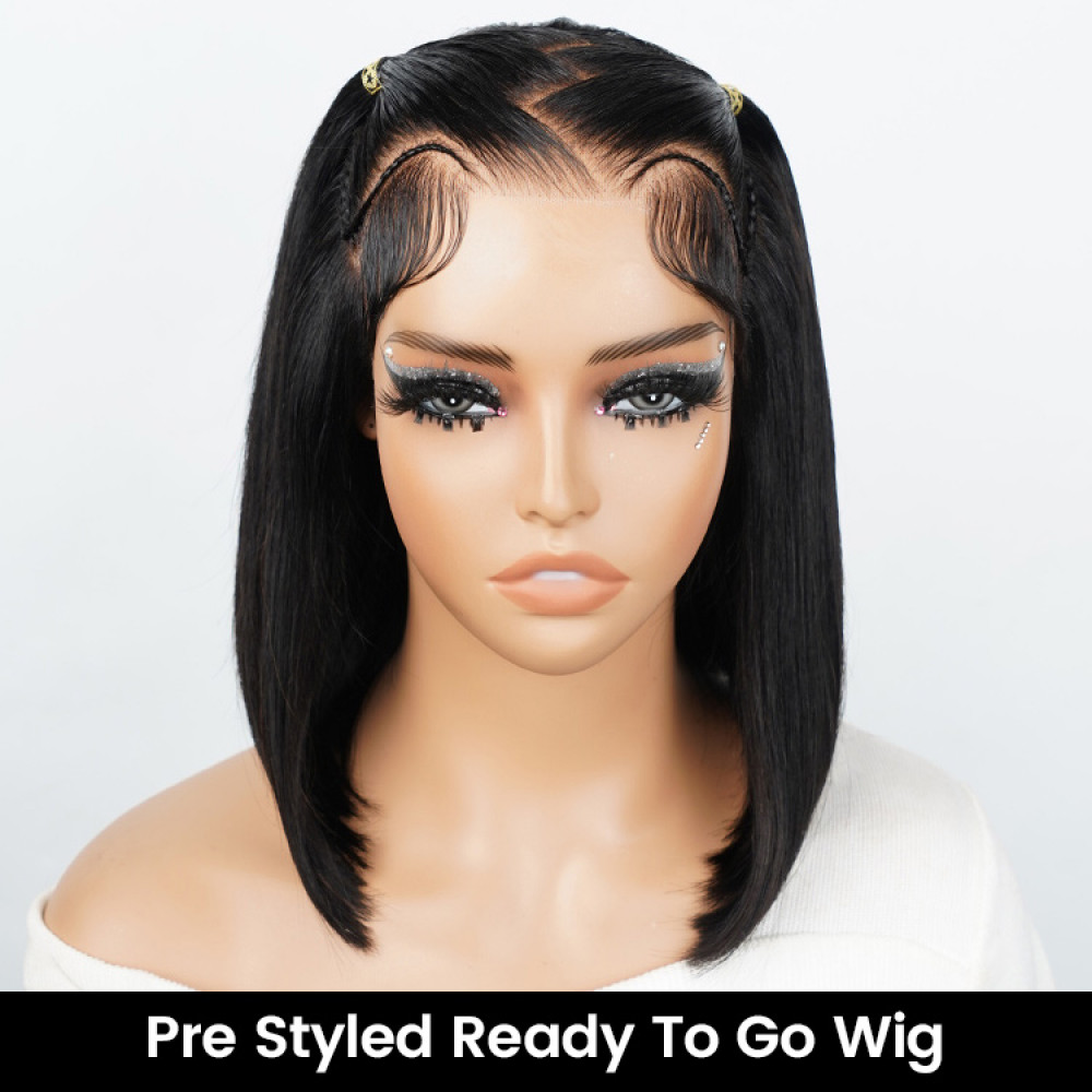 Upgrade Pre Braided Zig Zag Style Ready To Go Straight Short Lace Front Bob Wig