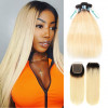 Ombre Color Brazilian Straight 1B/613 Hair Bundles With Closure Free Part