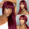 Burgundy Color Bang Wig Straight Human Hair Wigs With Bang