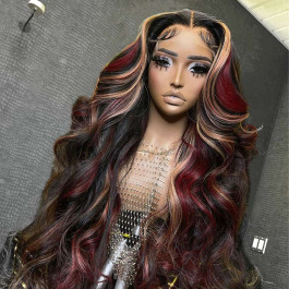 Burgundy And Flesh pink Mixed Highlights Lace Front Wig