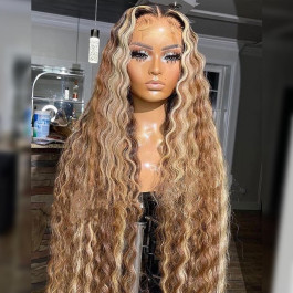 Highlighted Deep Wave Wig With Blonde Highlights