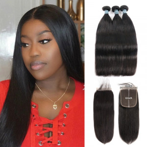 Virgin Human Hair Straight Weave 3 Bundles With 6x6 Closure