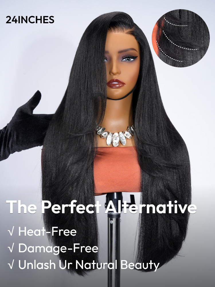 Light Yaki Straight Gluess LayerCut Wig - Silk Press C Part Pre bleached Wigs